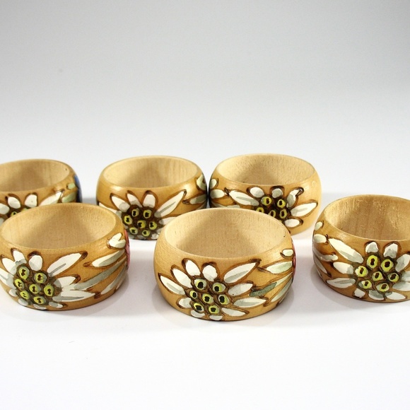 Wood Floral Napkin Rings, Set Six Stacking, Stand - Picture 8 of 8